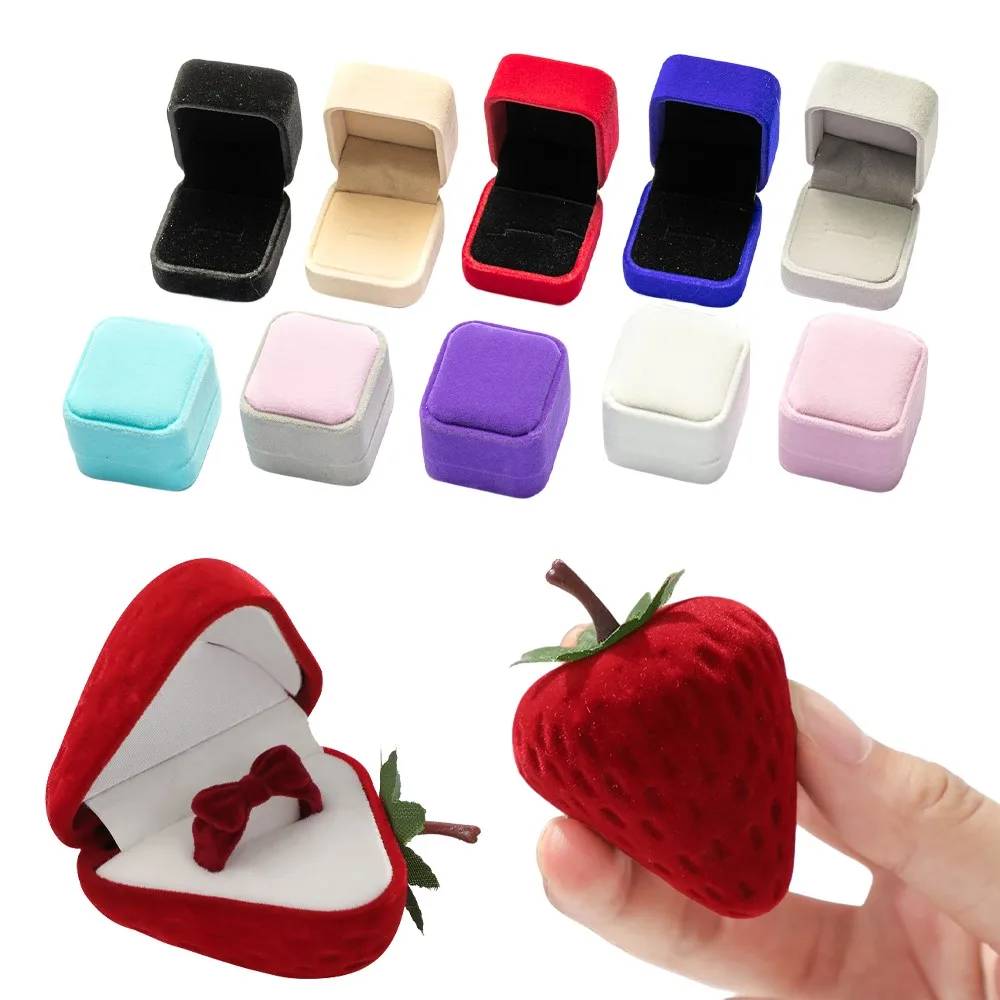 Strawberry Love Velvet Jewelry Boxes Ring Storage Box Valentine Day Gift Ring Display Organizers Earring Jewelry Box Packaging