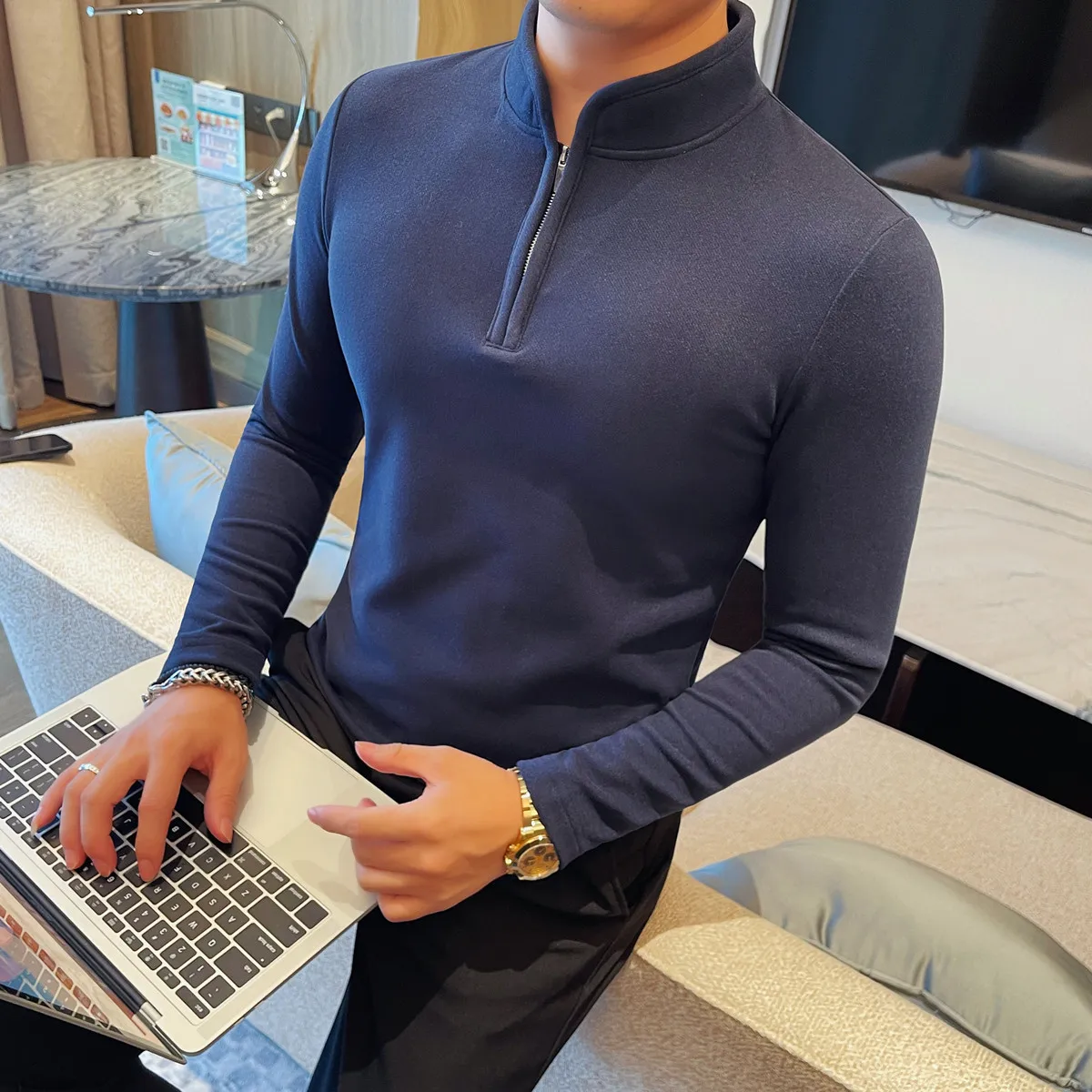 Men's Half Zipper Long Sleeved T-shirt Autumn Winter New Pure Color Thicken Slim Fit Elastic Fashionable Versatile T-Shirt