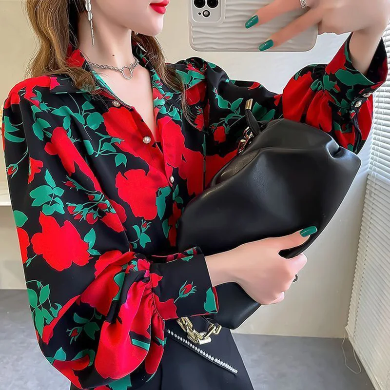 Elegant Lapel Loose Printed Lantern Sleeve Shirt Women\'s Clothing 2023 Spring Summer New Casual Tops Office Lady Chiffon Blouse