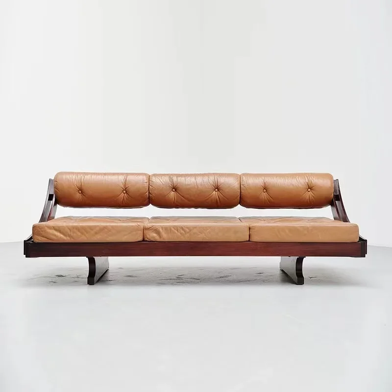 

Chinese Ancient Style Solid Wood Leather Sofa Living Room Three-Seat Multifunctional Designer Model Sofa