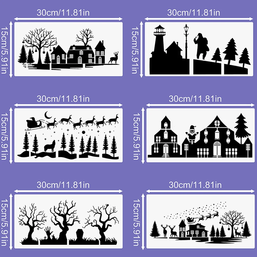 1Pcs Winter Christmas Landscape Cake Side Decor Stencil, Reusable PET Baking Template
