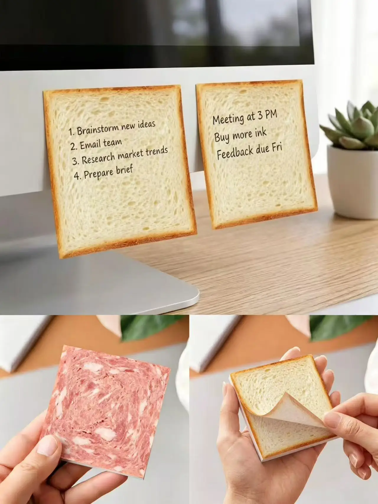 Cute Simulation Toast & Bacon Shape Sticky Notes, Funny Novelty Memo Pads, 50 Sheets Per Pad, Creative Decorative Notepads for O