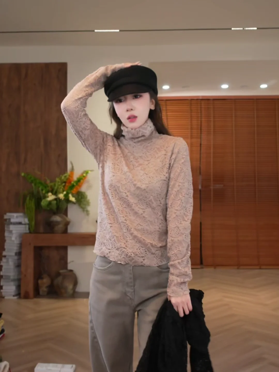 

Теплая женская футболка с длинным рукавом из шерсти и шелка с кружевным цветочным узором, нейтральный стиль, высокий воротник, смесь полиэстера, шерсти и шелка