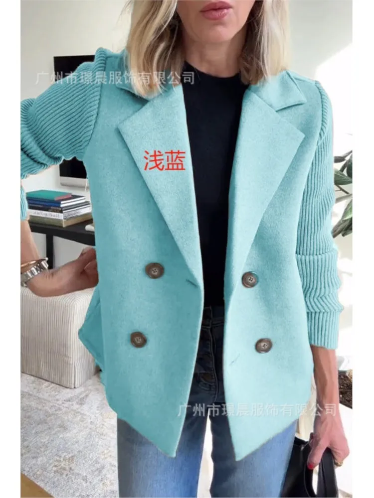 New Knitted Long Sleeves Women'S Coat Short Spring Casual Tweed Suit Office Jacket Blend Wool Coat Double Breasted Blazer Female