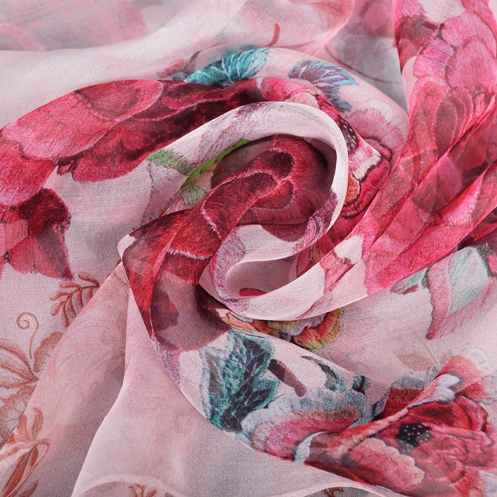 BYSIFA| Pink 100% Natural Silk Scarf Bufanda Women Elegant Chinese Style Peony Design Summer Long Scarves Beach Shawl Accessory