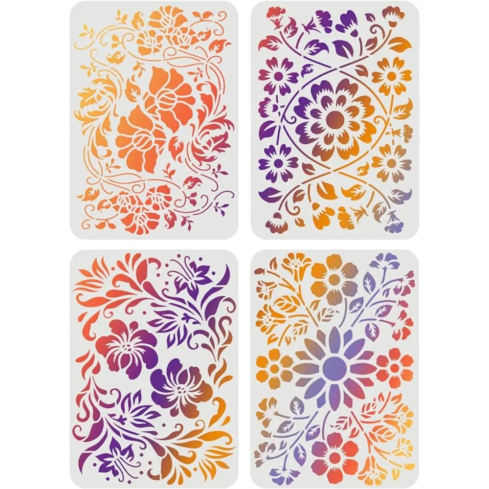 4pcs Folklore Floral Stencils, 11.7x8.3 inch Flourish Stencils for Painting, Flower Stencils for Painting on Wood and Canvas