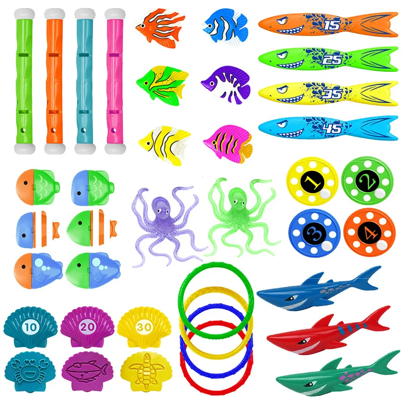 Children's Diving Toys Set Swimming Pool Treasure Hunt Diving Toys Diving Stick Torpedo Fish Underwater Grabbing Water Toy Gifts