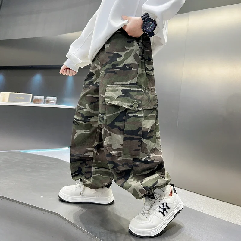 Autumn Children Camouflage Hunting Pants for Teenager Boy Military Tactical Sweatpants Kids Loose Straight Camo Cargo Trousers