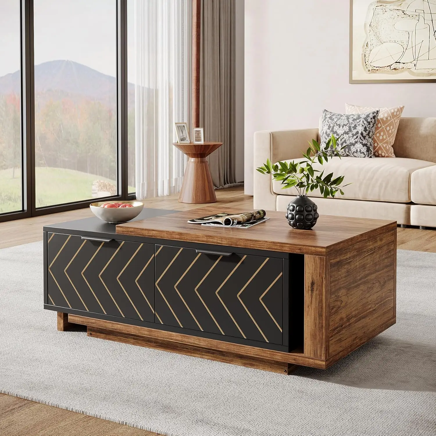 

Extendable Coffee Table With 2 Storage Drawers, Dual-Tone Center Table With Sliding Tabletop, Multi-Functional Hidd