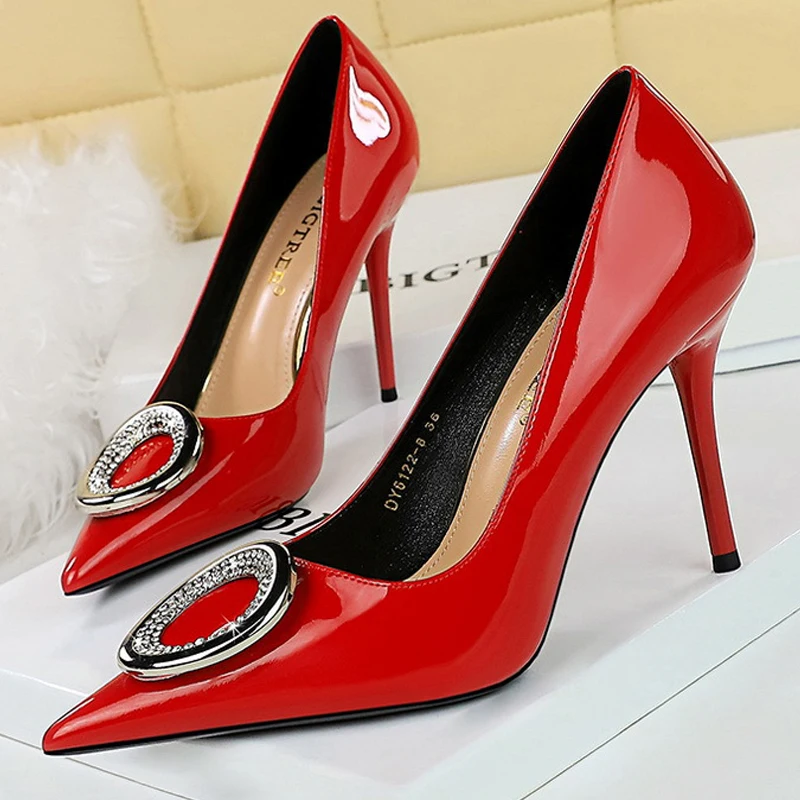 BIGTREE Shoes Red Women Pumps Metal Buckle High Heels Stilettos Luxury Banquet Shoes Patent Leather Female Heels Plus Size 43