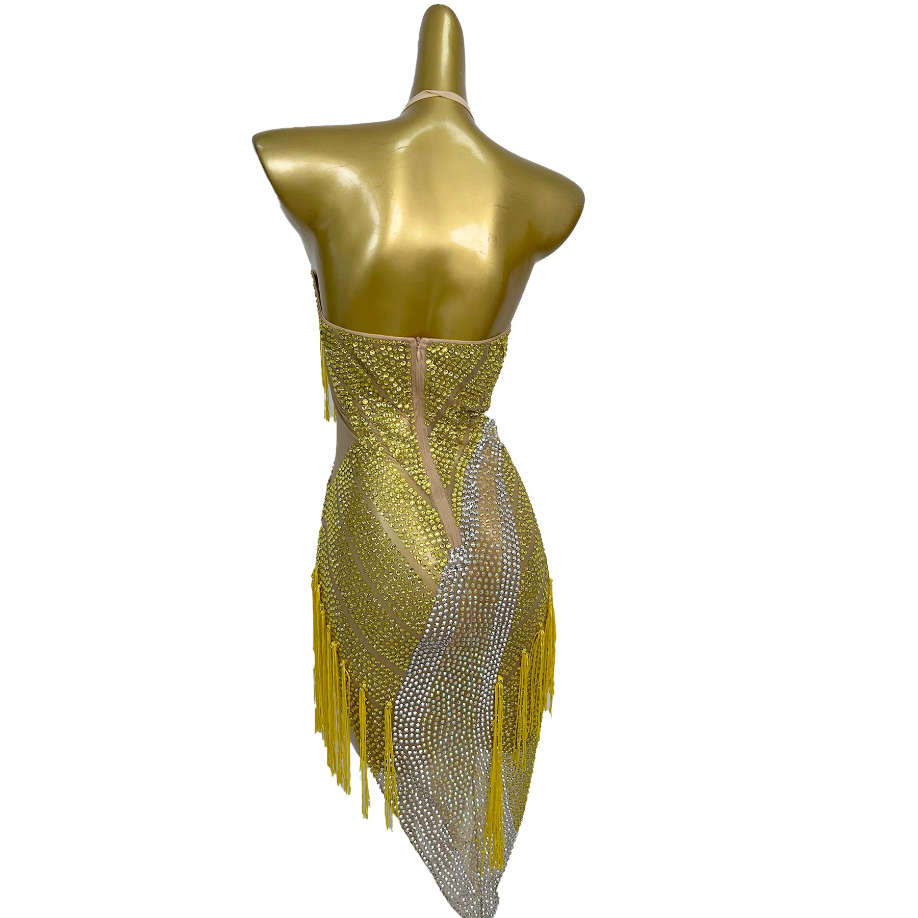 Qingning Luxus Frauen Latin Dance Kleid Glänzende Wasser Diamant Sexy Perspektive Mesh Hals Hängen Kleid Bar Homecoming Prom Kleider