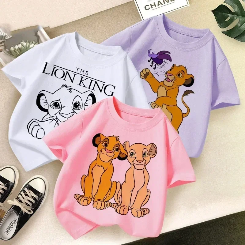

Disney 2024 Summer New Fashion The Lion King Print T-Shirt Boys Short Sleeve White Pink Purple Crew Neck Top Cute Girl Clothes