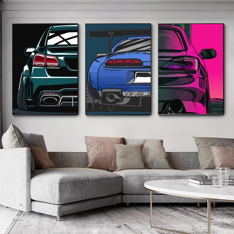 JDM Car Posters Japan Game Racer Neon Sports Car Sunset Canvas Painting HD Prints Wall Art Pictures For Living Room Home Decor