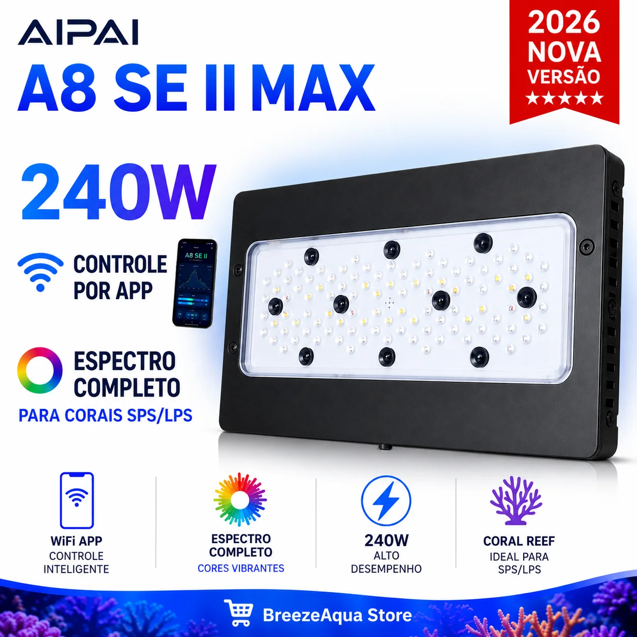 Luminária Aquário 240W WiFi A8SE II Max Azul