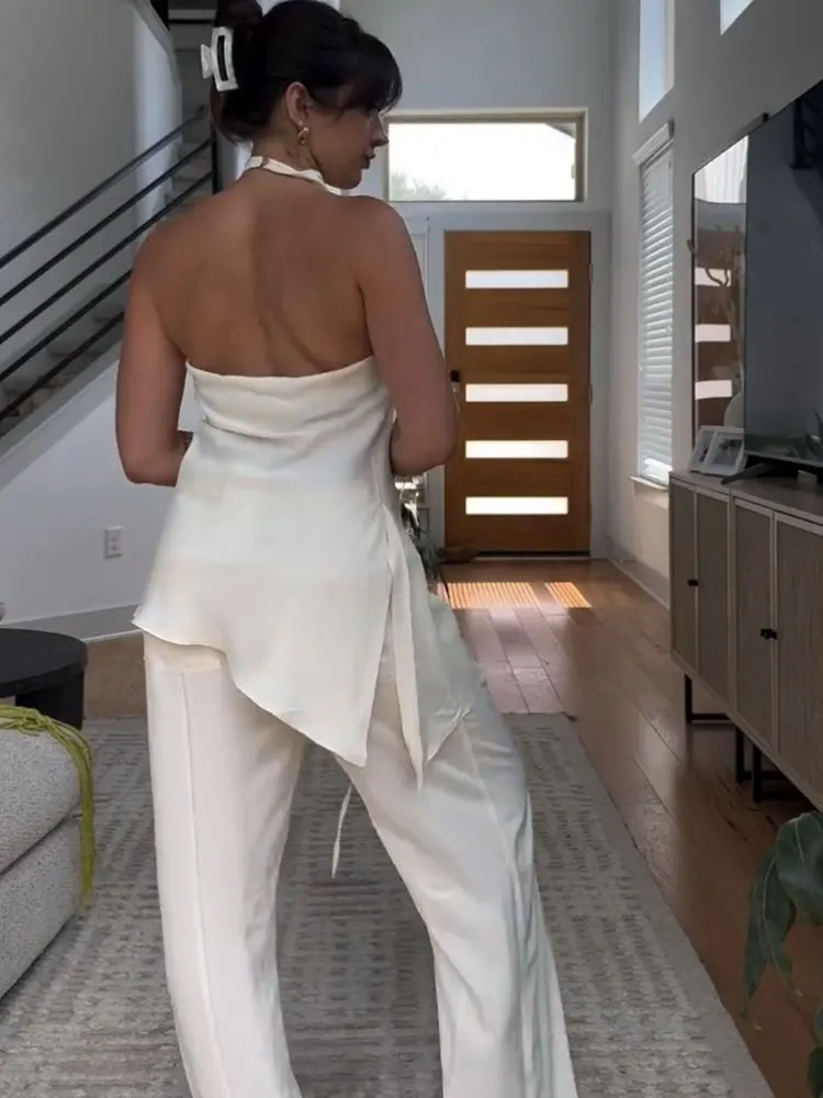Eleganckie damskie komplety spodni z asymetrycznym topem typu halter bez pleców, spodnie z szerokimi nogawkami i sznurkiem, stroje biurowe dla kobiet.