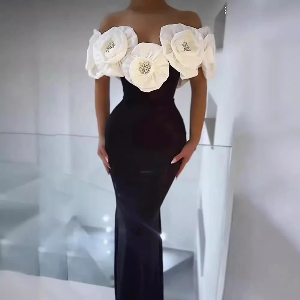 

Luxury 3D Flower Sexy Off-shoulder Bodycon Maxi Dresses Women Birthday Party Wedding Vestido Outfit Design Gown Black Dress Chic
