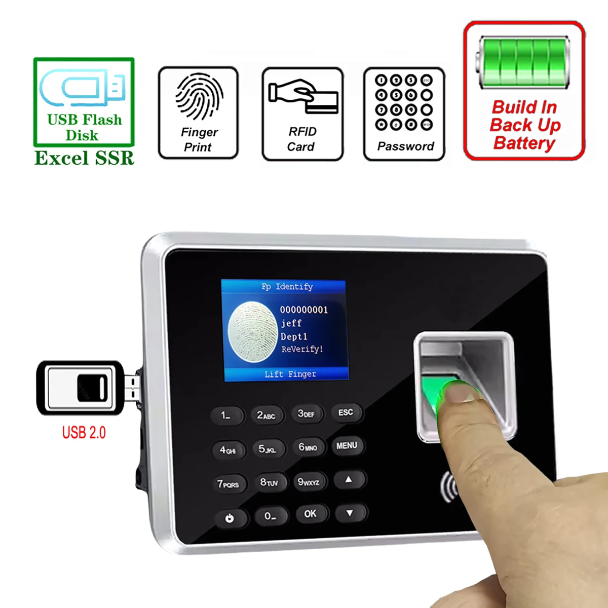 Back up Battery SSR Fingerprint Time Attendance Clock Machine Card and Biometric Employee Electric Clocking Tracking Device