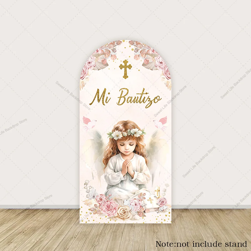 Girl Boy Baptism Arch Backdrop Cover Flower Gold Cross Kids First Holy Communion Party Christening Decor Background view 3