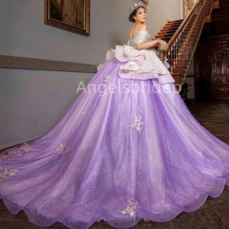 Angelsbridep ชุดหรูหรา vestido de 15 años ชุดเดรส quinceanera ชุดไปงานเต้นรำสีขาวและสีม่วงชุดเดรสปาร์ตี้เย็นมีระบายสำหรับเด็กผู้หญิง