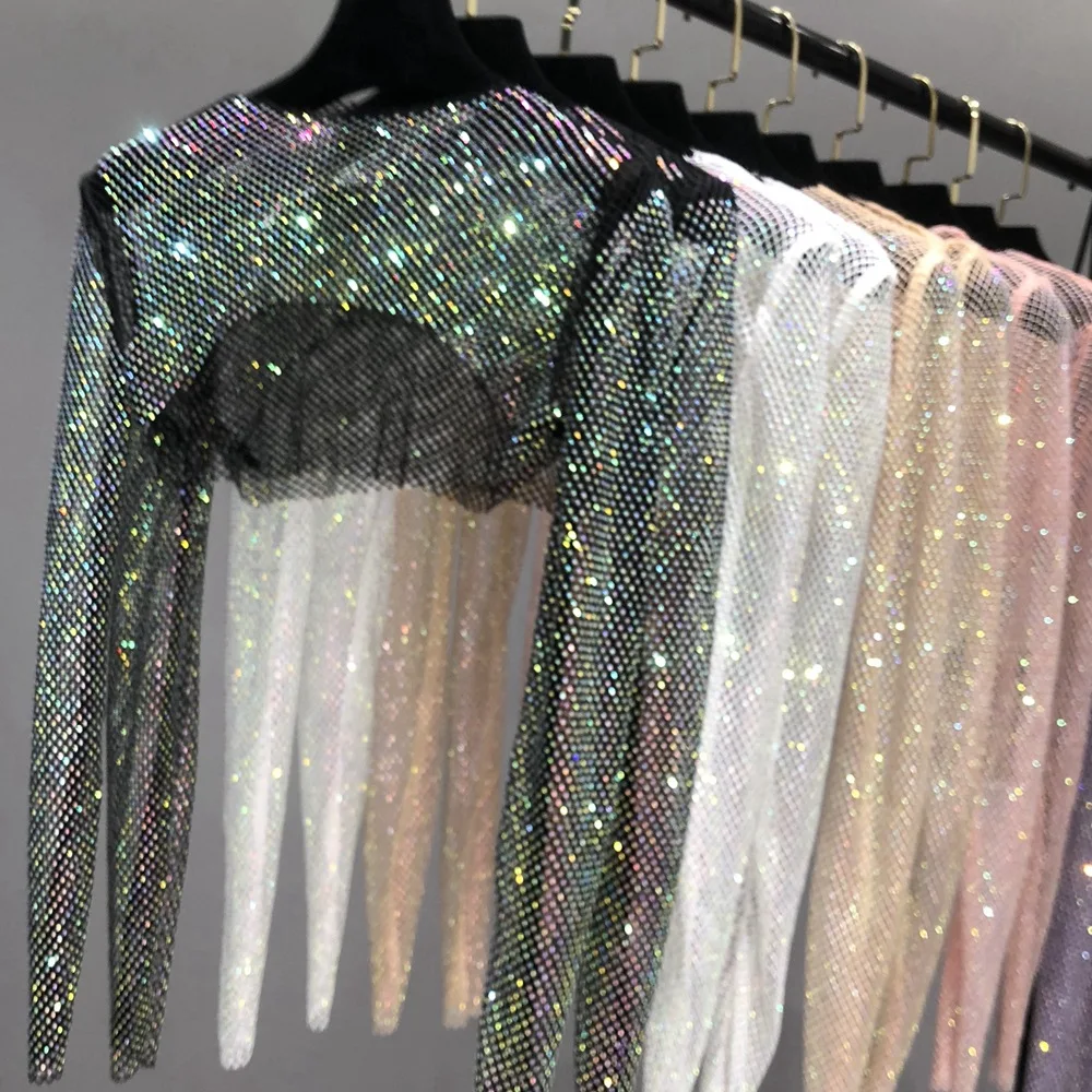 

AB Color Diamond French Small Shoulder Mesh Diamond Sunscreen Shawl Summer Thin Long Sleeve Top