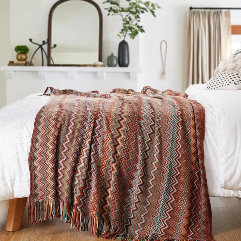 Boho Knitted Red Throw Blanket Jacquard Textured Tassels Farmhouse Style Cozy Sofa Manta Gift Christmas Travel Blankets