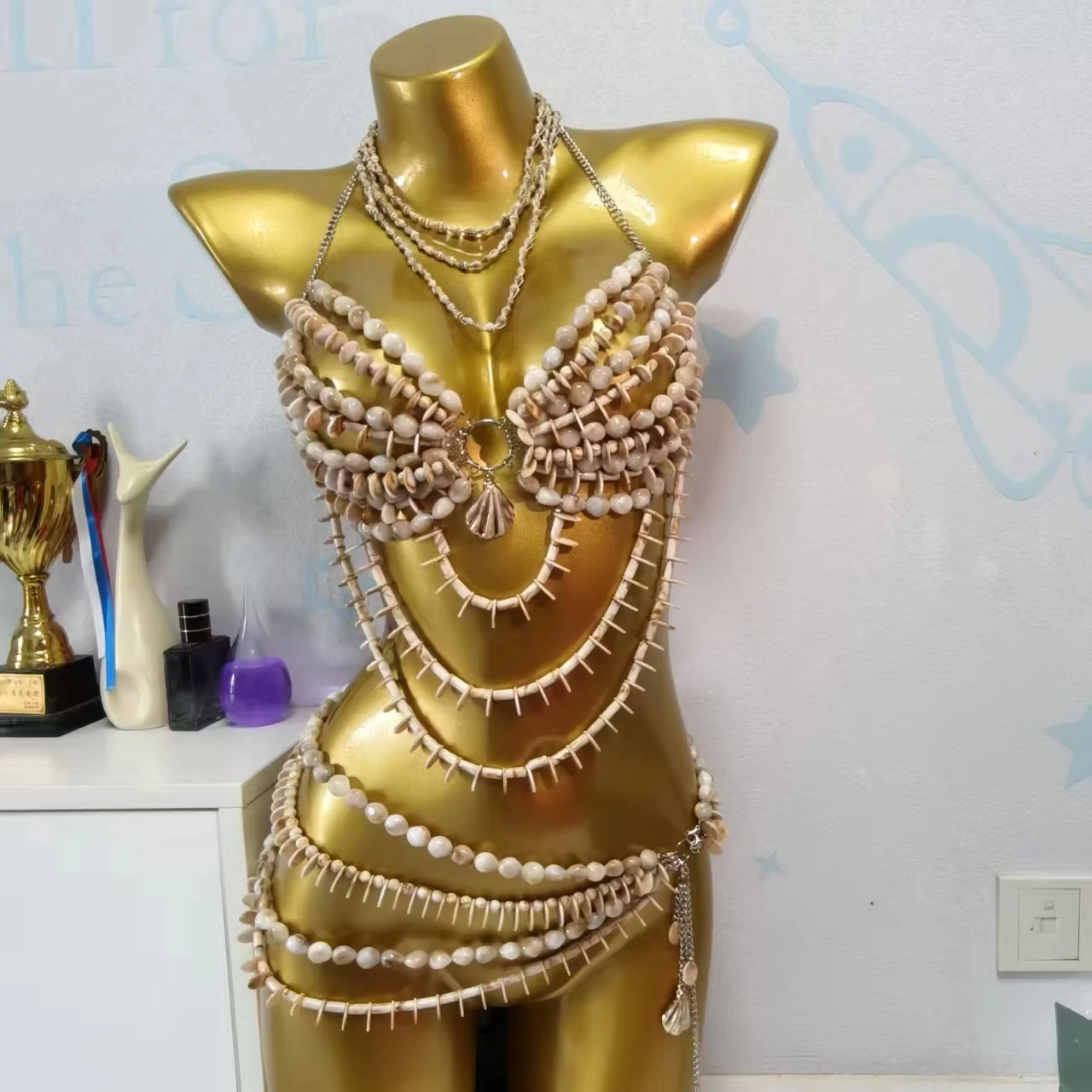Handmade Goddess Mermaid Carnival Outfit Bead Bra Top And Waist Chain Beach Accessories 2-Piece Bead Shell Body Jewelry Set
