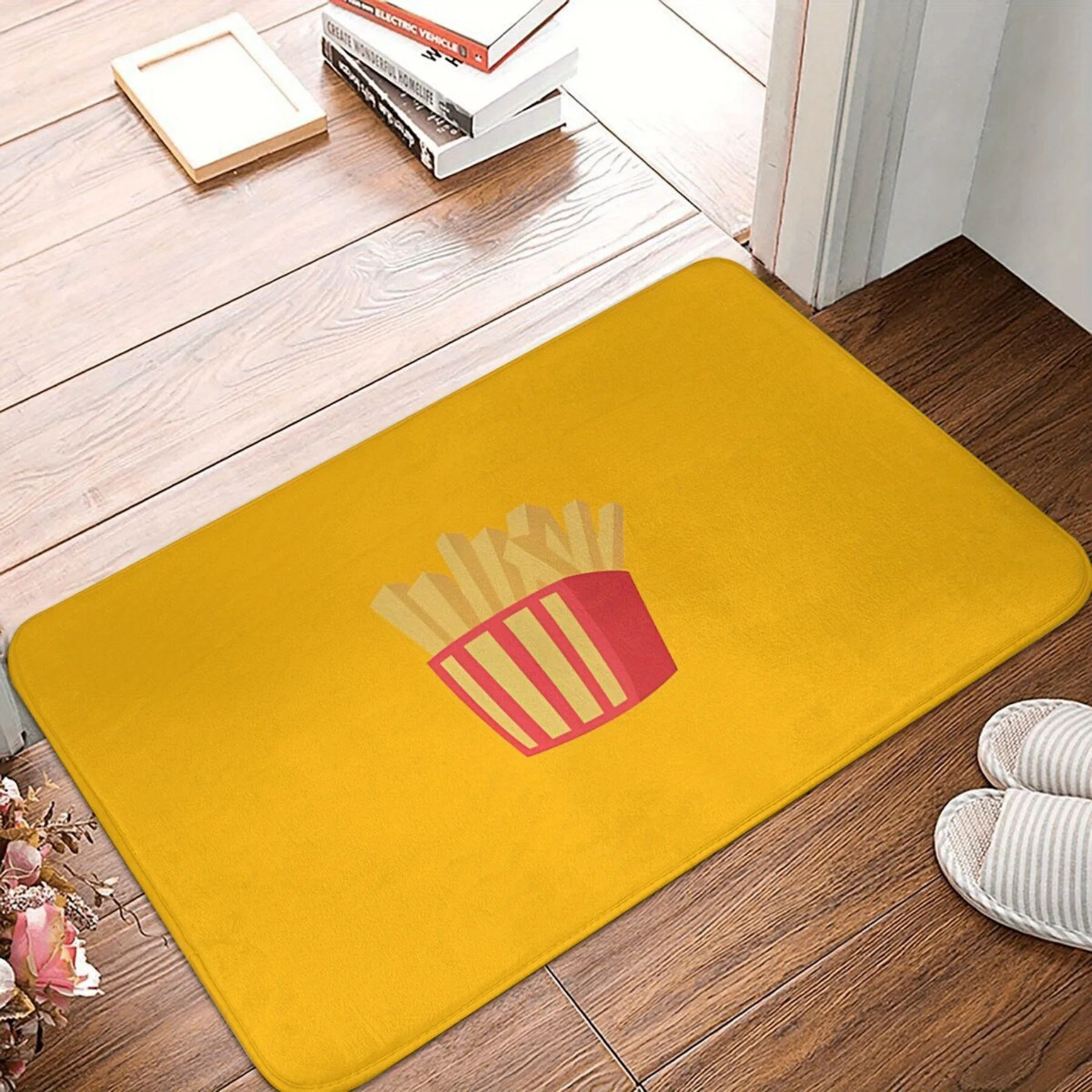 Illustrated French Fries Graphic Doormat – Yellow Base with Red-and-Beige Carton Print, 40x60cm Decorative Indoor Floor Mat