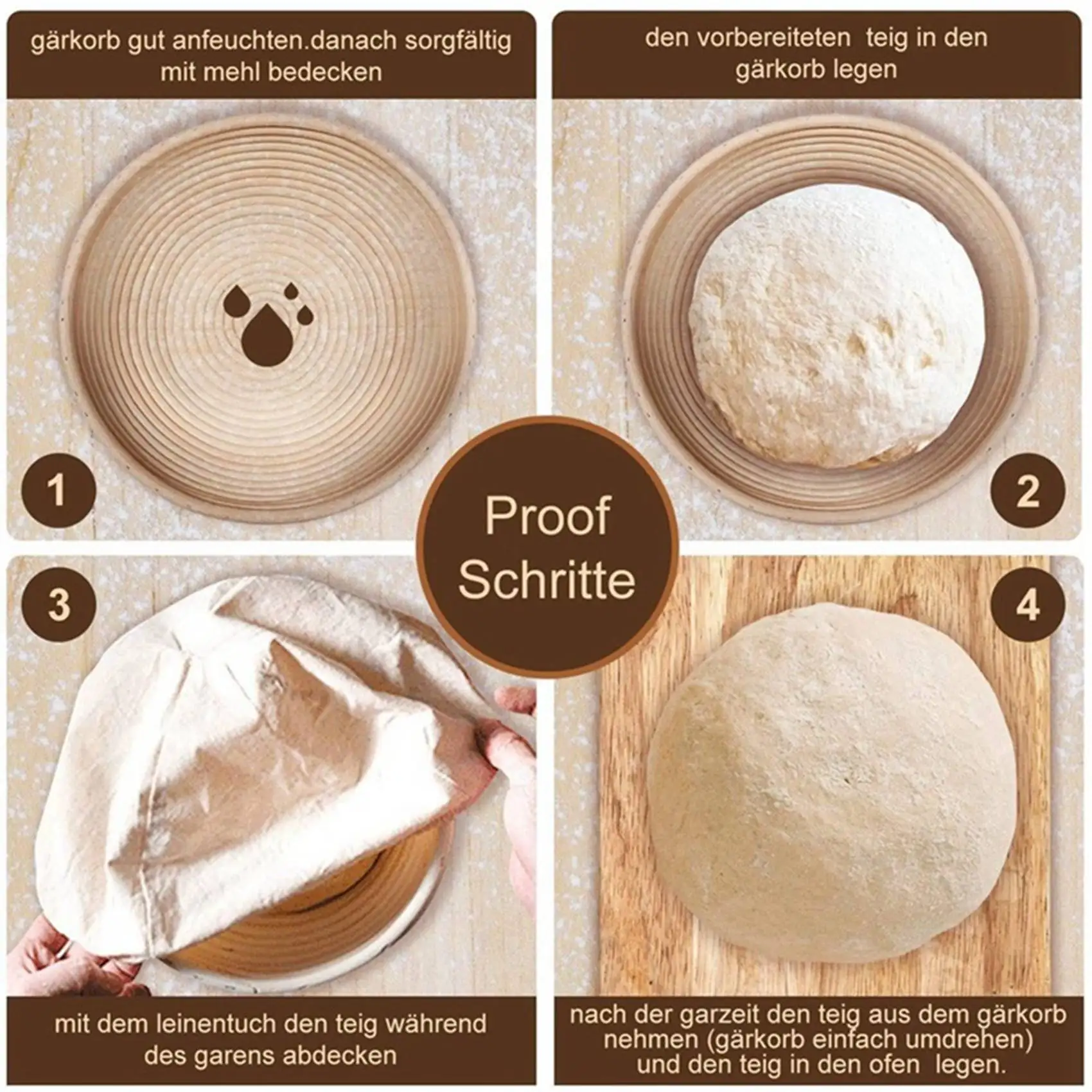 Round Set,4 Yeast Baskets For Bread And Bread Dough, Banneton Proofing Basket With Linen Inserts,Dough Scraper Set Round-AT64
