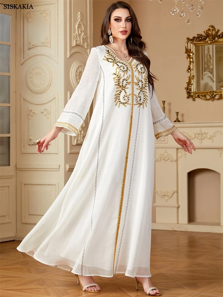 Sisakia nouvelle robe de soirée brodée musulmane pour femmes dubaï manches en maille Abaya col en v caftan perlé 2025