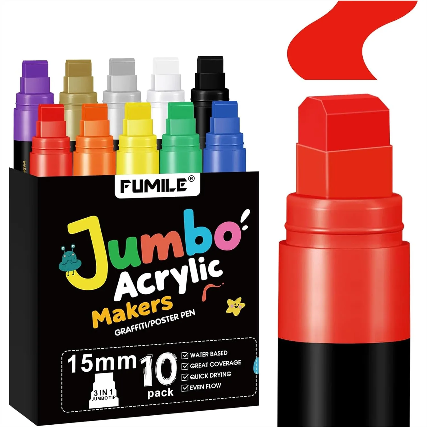 

10 Color Poster Markers Jumbo 15mm Wide Tip Thick Acrylic Paint Marker For Rock Painting Graffiti Poster Board Banner Glass Ceramic Wood Wall And Canvas