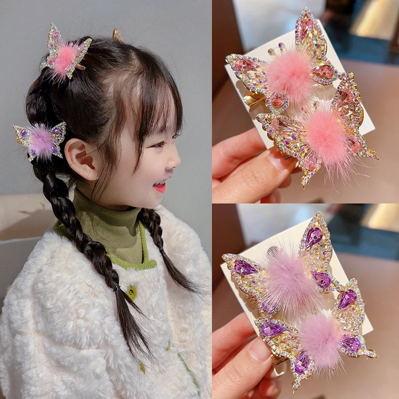 Fashion Smart Moving Butterfly Hairpin 3D Hair Clip Plush Ball Rhinestone Sparkling Headwear Hairgrip Cute Girl Hair Accessories