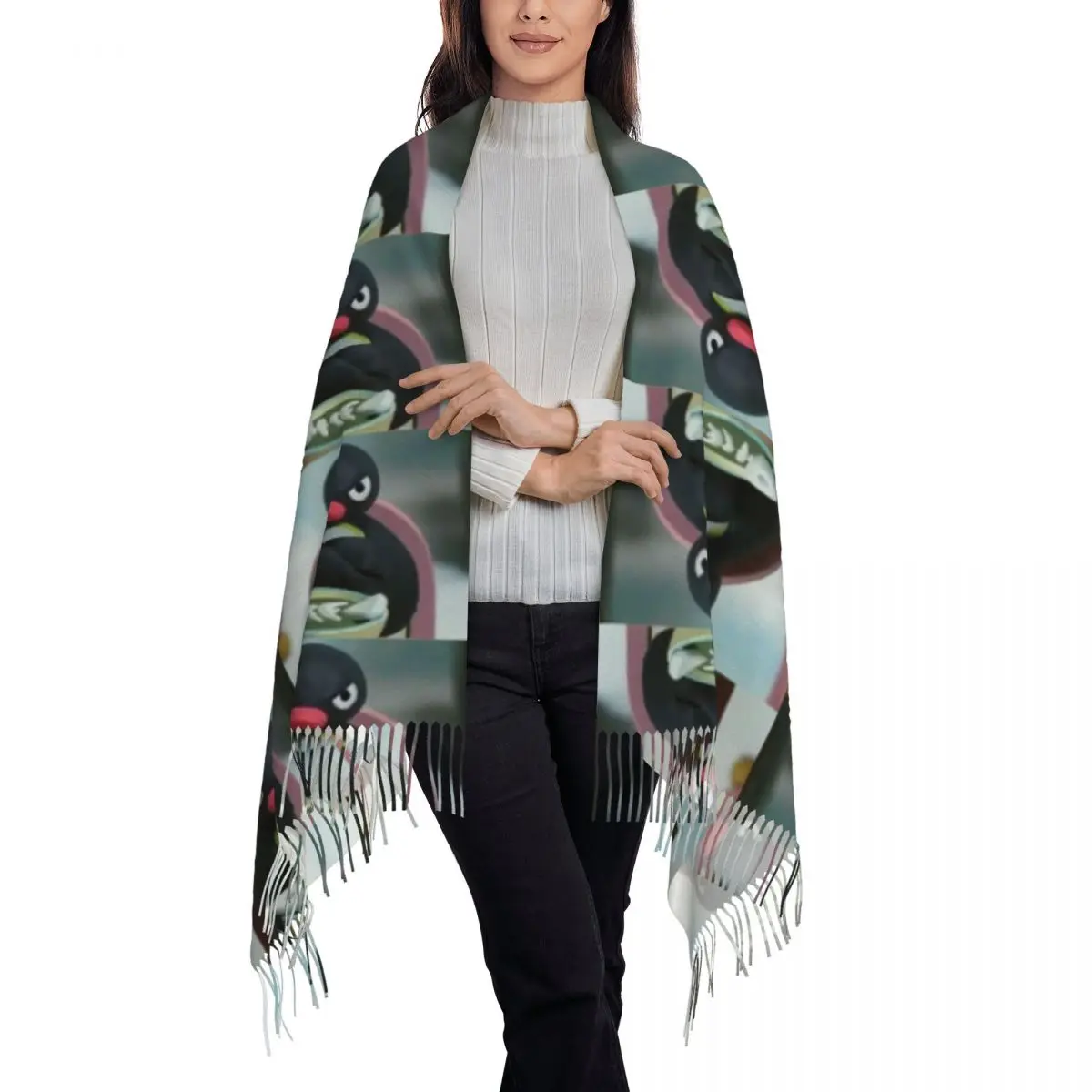 Pingu The Penguin Angry Noot Noot Scarf Tassel Scarves Women Soft Warm Shawls and Wraps Long Fall Winter Shawl Wrap