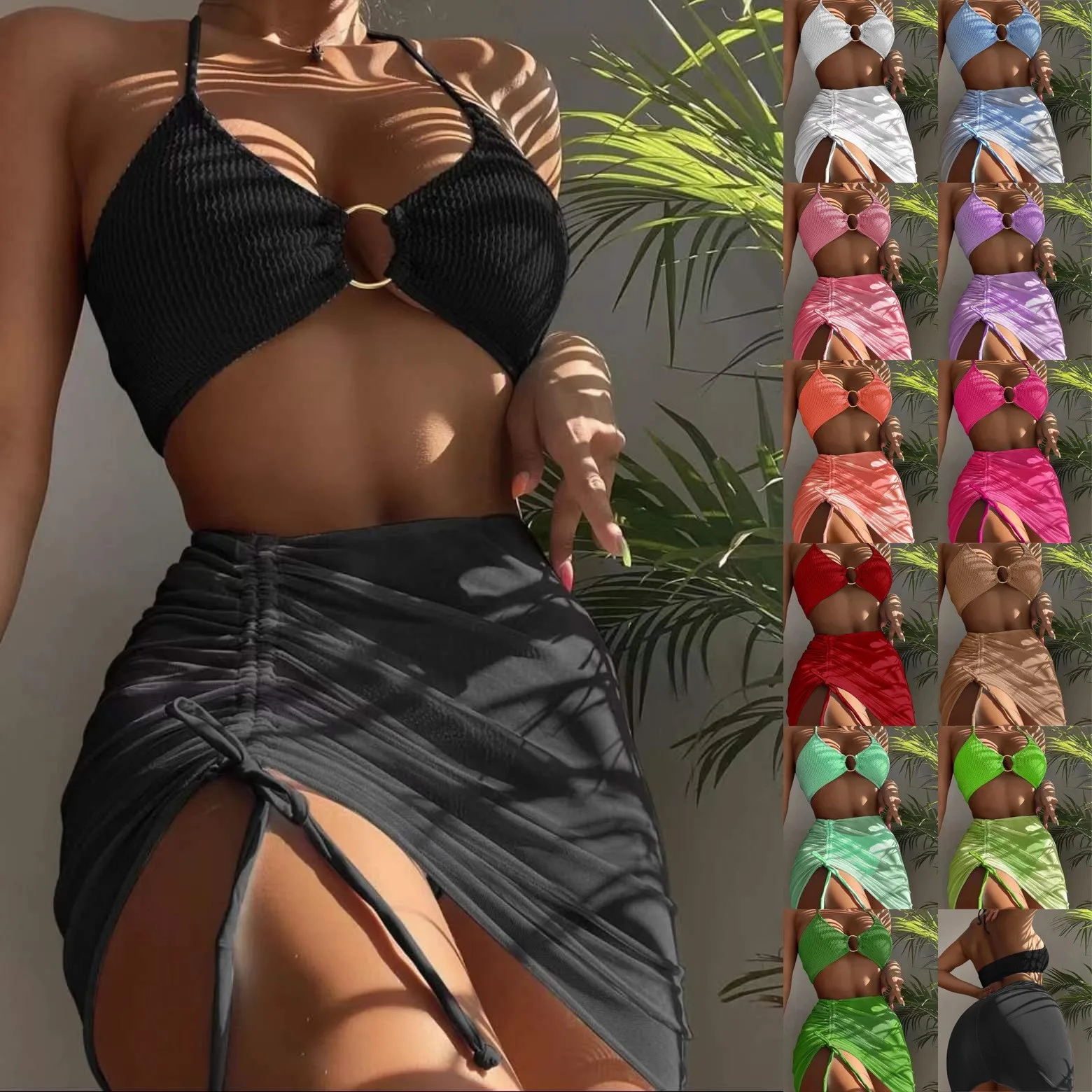 Swimwear Woman 2026 Bikini Sets Crop Top Wrap Skirt Bikinis Ruched Waist Metal Ring Two Piece Swimsuit Halter Neck Swim Bikini