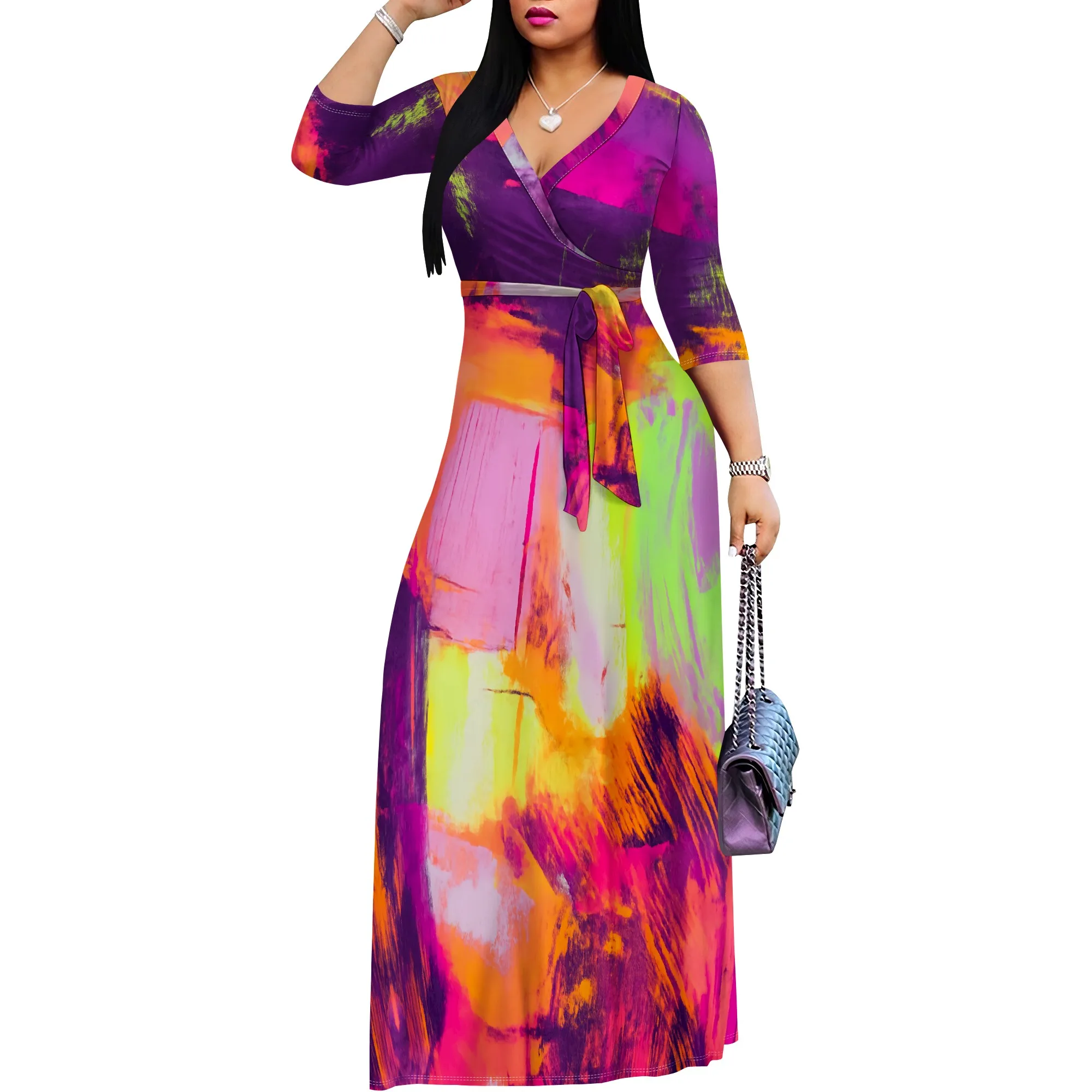 Vibrant Abstract Print Maxi Dress S-3XL Tie Waist Bodycon Style for Summer Vacation, Beach Party or Art Festival Look