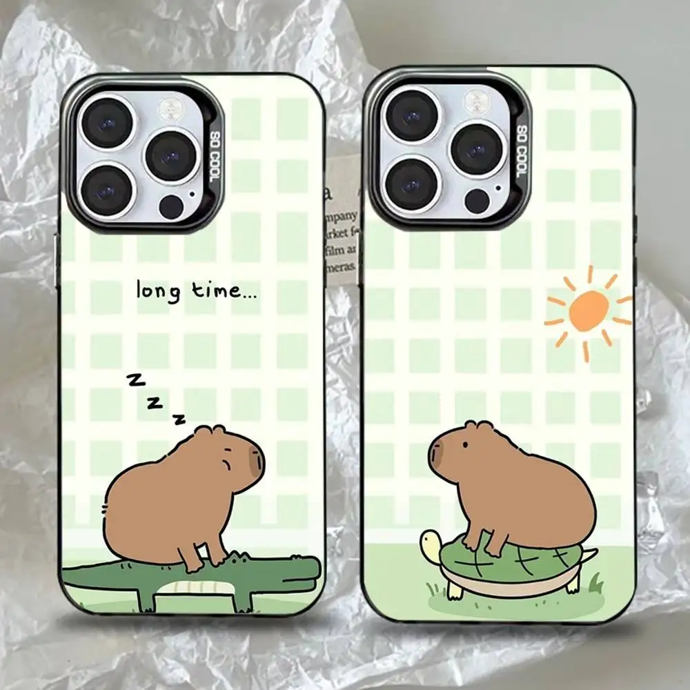 

Cartoon Capybara Phone Case For iPhone 16,15,14,13,12,11,Pro,Max,Plus,Mini,XS,SE Anti Fall Black Matte Hard Bumper