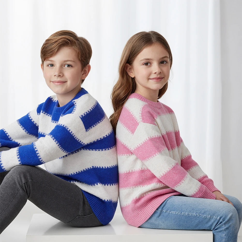 

Kids Round-Neck Striped Pullover Sweater, Warm Autumn Winter Cotton Knitwear, Boys Girls Casual Layering Jumper Children Clothes