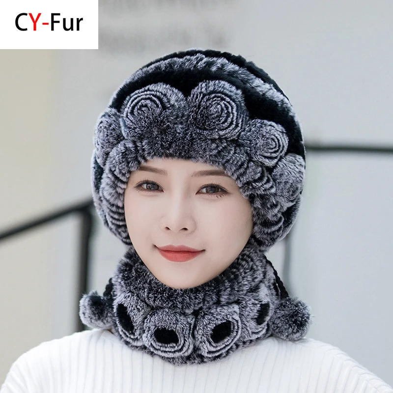 

Hot Sale Women Warm Rex Rabbit Fur Hat Scarf Sets Winter Lady Knit Fur Hats Muffler 2 Pieces Natural Rex Rabbit Fur Cap Scarves