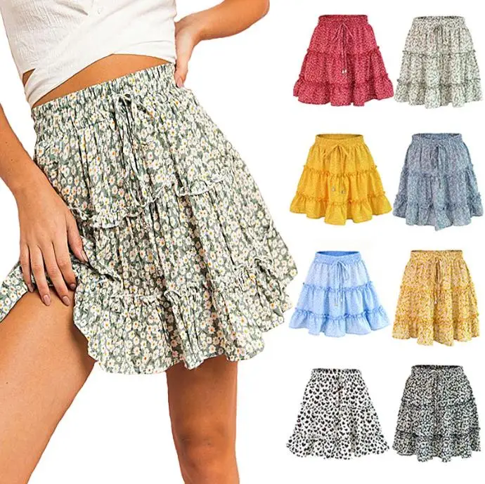 Short Mini Skirts Floral Lotus Dress Cake Elastic Waist  A line Vintage  Sport Travel Summer Autumn Winter