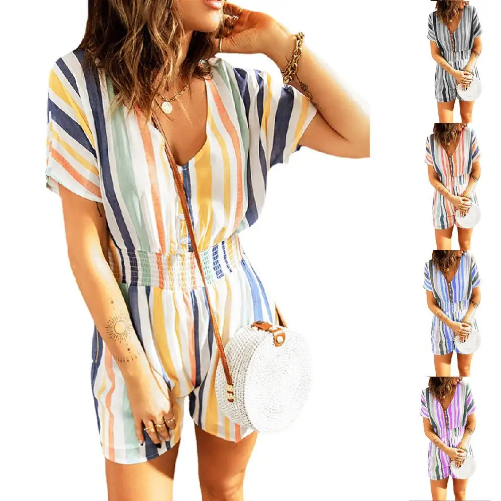 

Elastic Waist Striped Printed Collar Jumpsuit Low Waist Long Pants Ladies Faion Summer Lycra Fabric Ladies Jumpsuit