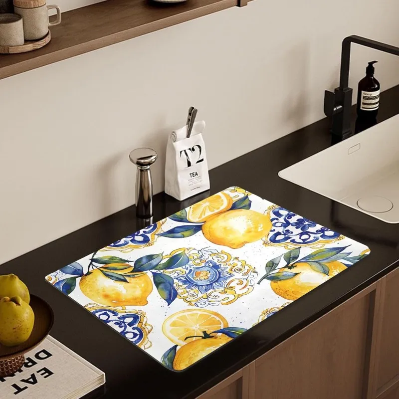 Mediterranean Lemon Dish Drying Mat Sicilian Blue White Kitchen Counter Mat Tile Pattern Coffee Bar Pad Absorbent Decor