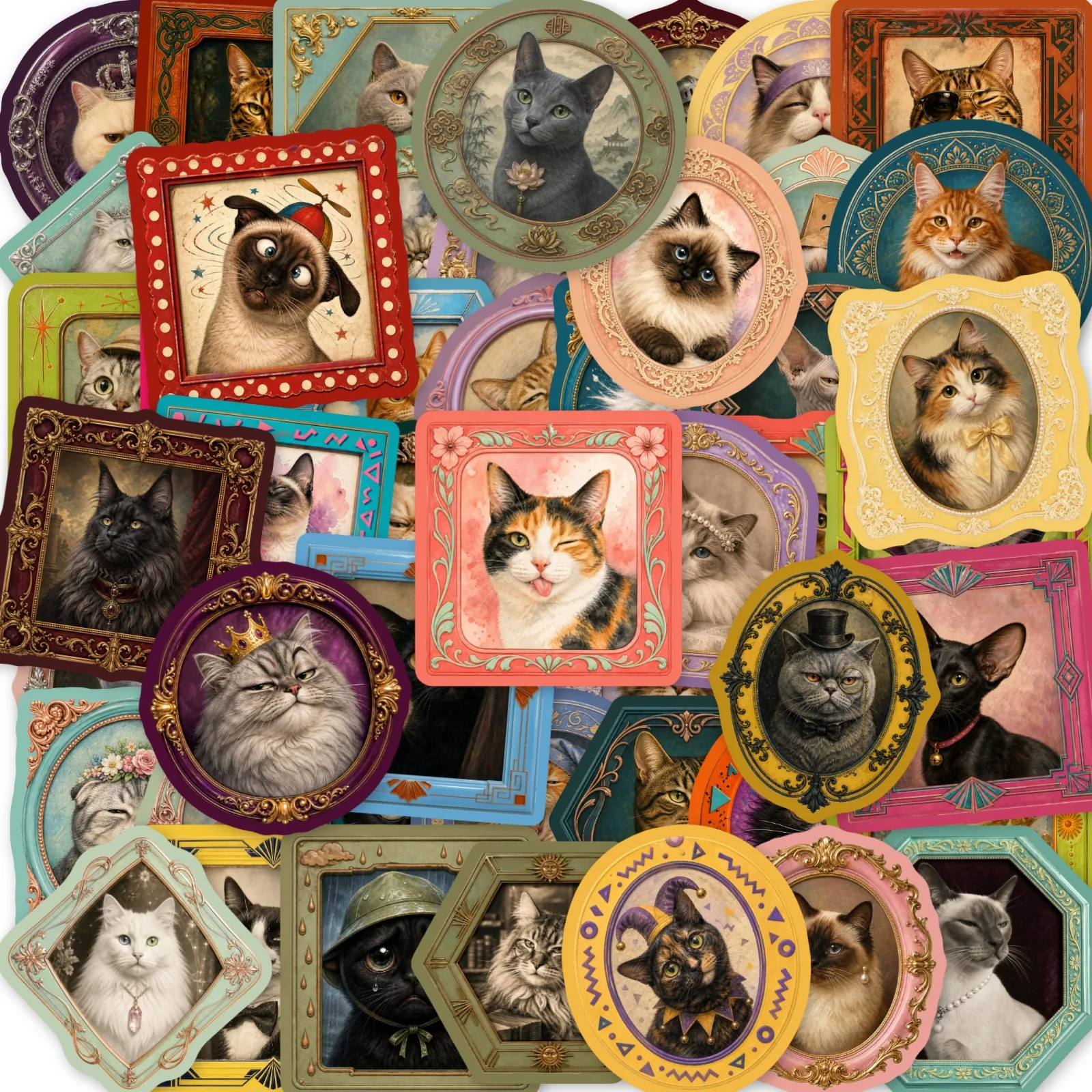 Vintage Cat Self Adhesive Paper Stickers Retro Frame Kitten Decals Scrapbook Journal Stationery Waterproof Pet DIY Decor Pack