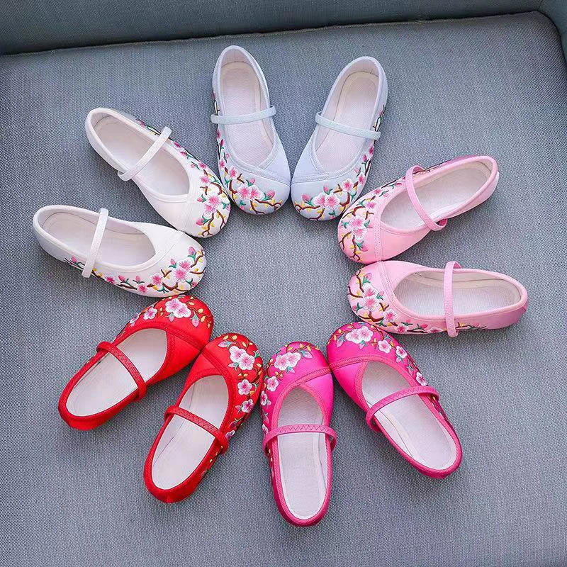 Children Hanfu Flat Shoes Kids Flower Embroidery Ethnic Chinese Style Toddler Baby Princess Girl Ancient Dance Performance