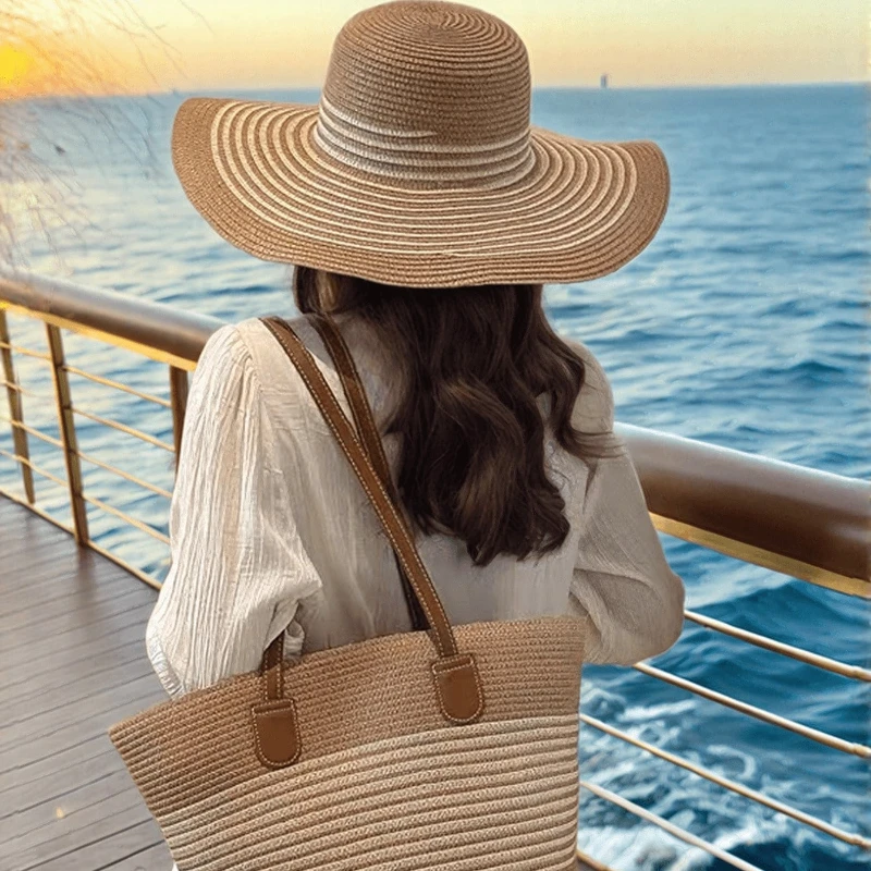 1 Set Women's Bohemian Style Sun Hat + 1 Shoulder Bag,Vacation Style,Straw Shoulder Hat Beach Tote Bag for Summer Travel Vaation
