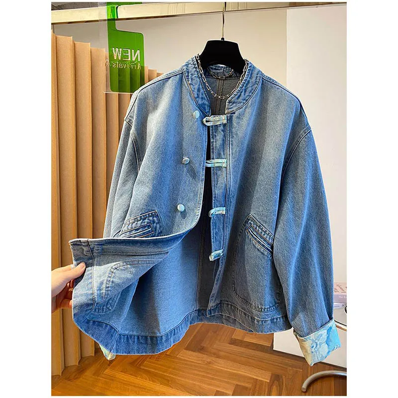 

Женская весенне-осенняя новинка в китайском стиле Dish Dunk Color Denim Jacket Joker Lim Button Pocket coat T Unique Design Sense Coat