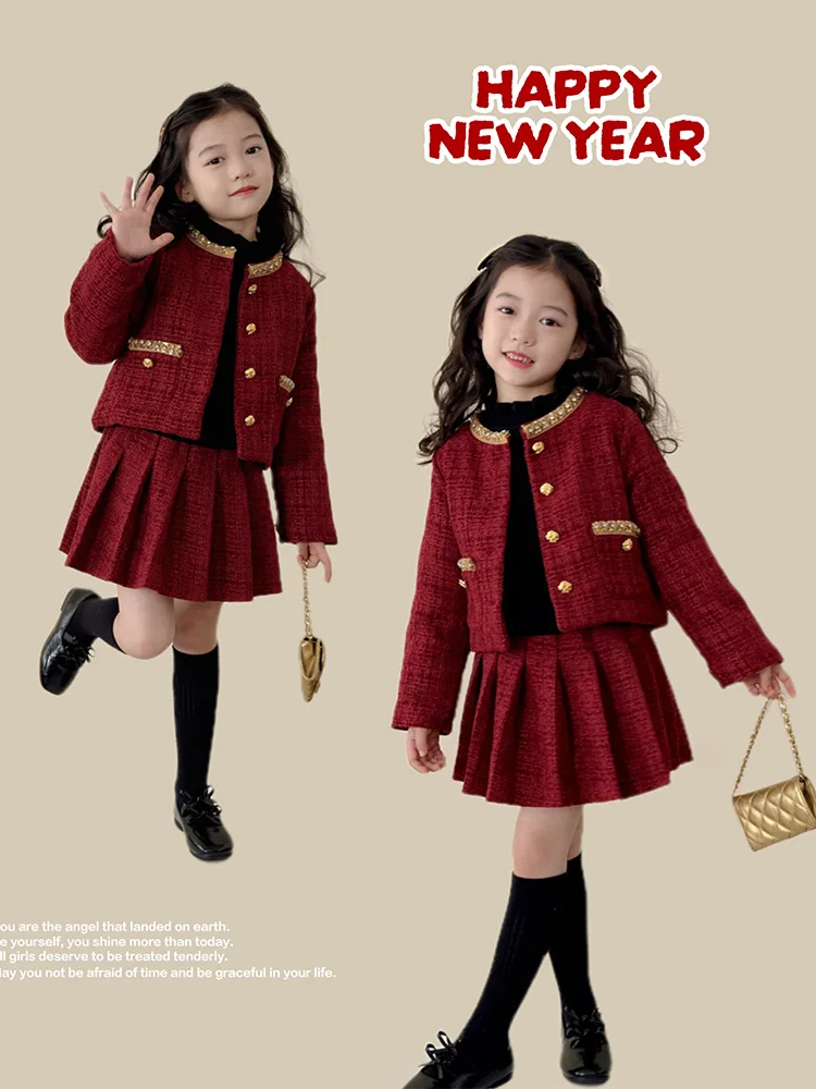 trendy-plaid-skirt-set-for-girls-winter-warm-thiened-polyester-fiber-outerwear-jaet-and-skirt-combo-stand-korean-paa