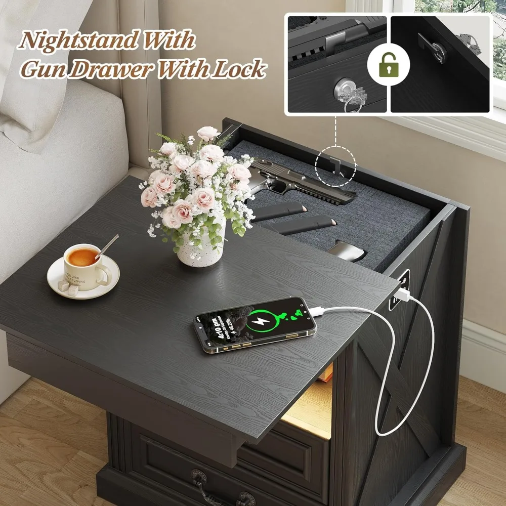 منضدة سوداء مع درج مسدس، طاولة بجانب السرير مع قاعدة شحن، حامل ليلي مع ضوء LED ومستشعر بشري، طاولة نهائية واي فاي #3