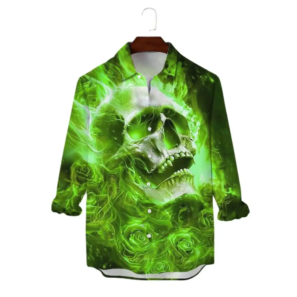 Autumn Terror Skull Print Men's Long-sleeved Shirt Fashion Trend Lapel Shirt Leisure Unisex Street Harajuku Style Oversized Tops