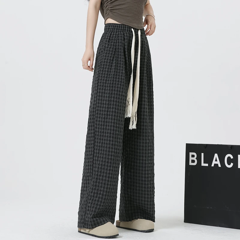 Casual Oversize Women Sweatpants Fashion Black Plaid Wide Leg Pants Baggy Elastic Waist Pockets Student Hip Hop Loose Trousers