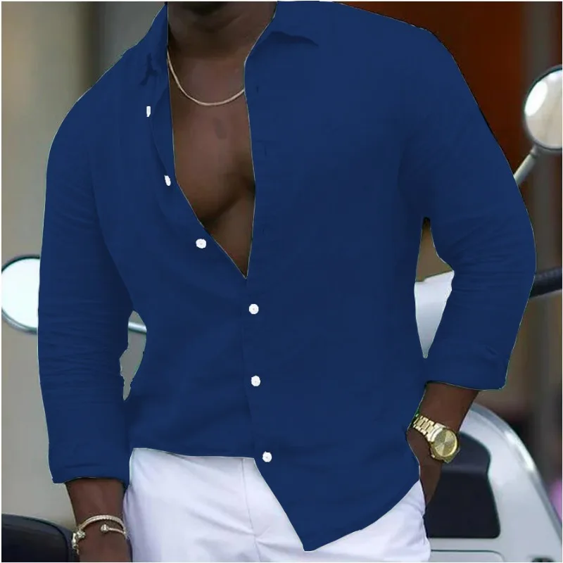 2024 New Men\'s Long Sleeve Shirt Solid Color Casual Fashion Collar Shirts Hawaiian Shirt