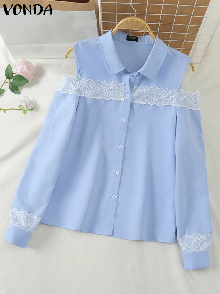 Spring Lace Patchwork Tops 2025 Long Sleeve Women Blouse VONDA Casual Lapel Neck Elegant Off The Sholuder Shirts Oversized